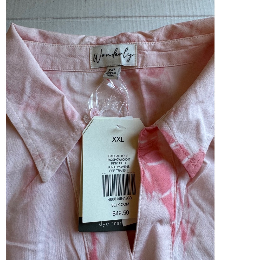 Wonderly Pink Tie Dye Tunic Wovens Top XXL Long Sleeve High Low Blouse NEW